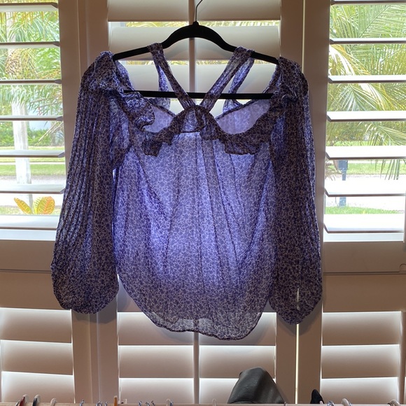 Anthropologie Purple Romantic Floral Cold Shoulder Lined Blouse Size 4 - Picture 2 of 7